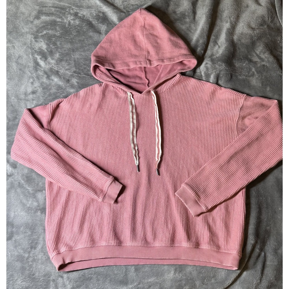 Aerie Hoodie Womens XS Pink Ribbed Knit Pullover 100% Cotton Drawstring Hood
